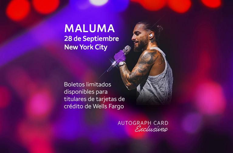 Maluma con una camisa colorida, de pie en la oscuridad. Maluma, 28 de septiembre, ciudad de Nueva York. Boletos limitados disponibles para titulares de tarjetas de crédito de Wells Fargo. El enlace va al proveedor de entradas.