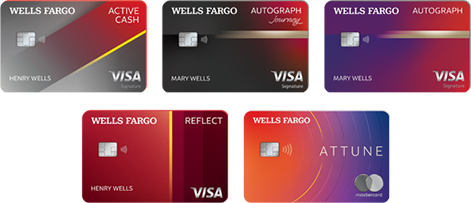 Wells Fargo Active Cash, Wells Fargo Autograph Journey, Wells Fargo Autograph, Wells Fargo Reflect, and Wells Fargo Attune Credit Card Art.